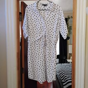 Adrienne Vittadini Polka Dot Button Down Dress, Size: XL, Black & White